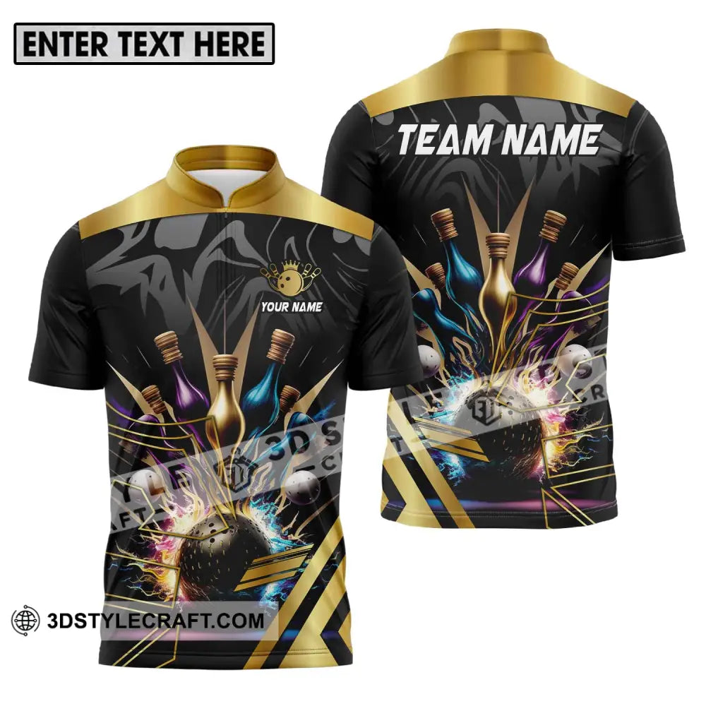 Unisex Shirt - Custom Name And Team Sport Golden Color Bowling Zipper Polo / S T-Shirt