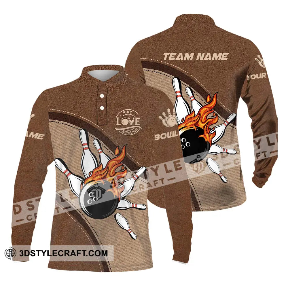 Unisex Shirt - Custom Name And Team Sport Love Fire Bowling Long Sleeve Polo / S T-Shirt