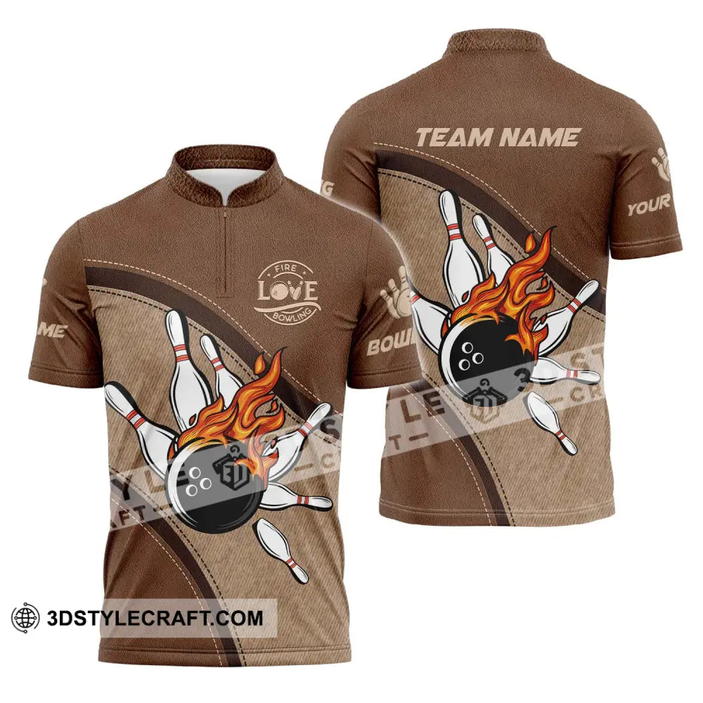 Unisex Shirt - Custom Name And Team Sport Love Fire Bowling Zipper Polo / S T-Shirt