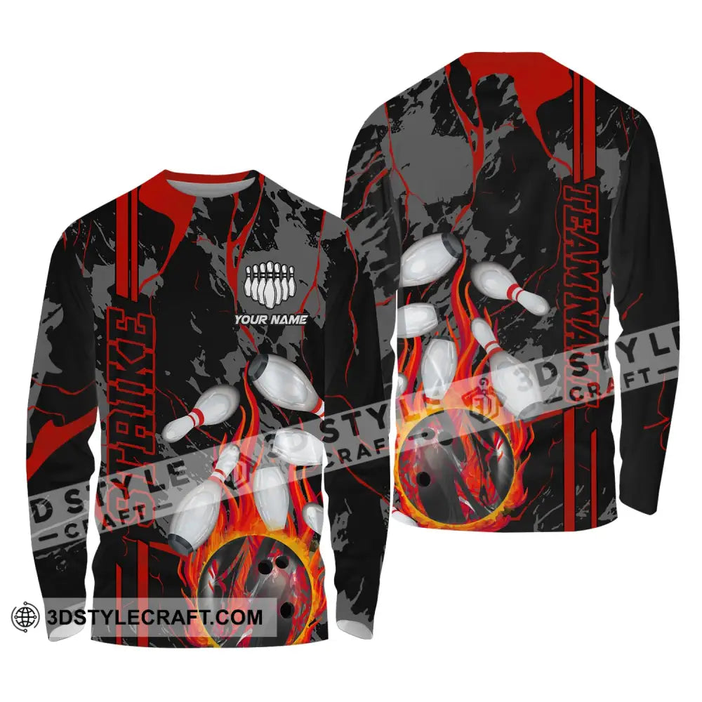 Unisex Shirt - Custom Name And Team Strike Fire Bowling Ball Player Long Sleeve / S T-Shirt