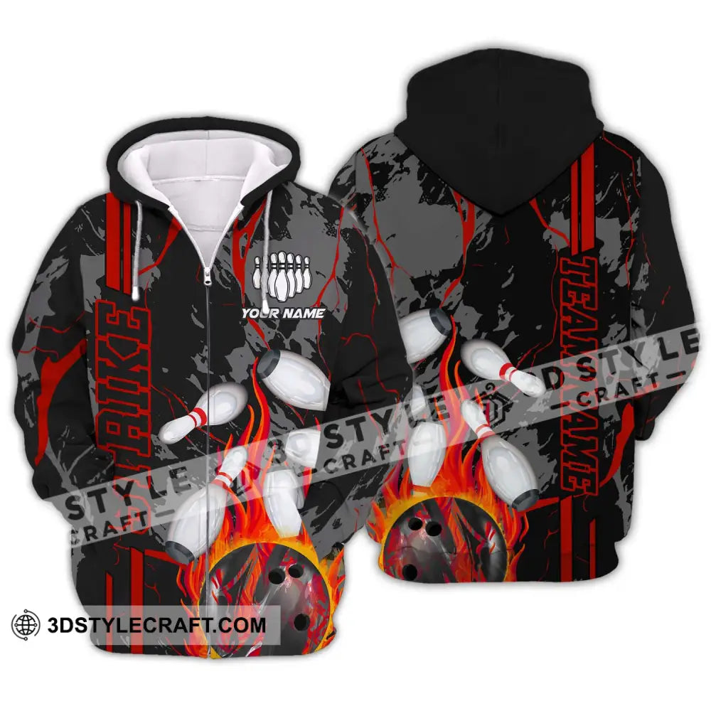 Unisex Shirt - Custom Name And Team Strike Fire Bowling Ball Player Zipper Hoodie / S T-Shirt