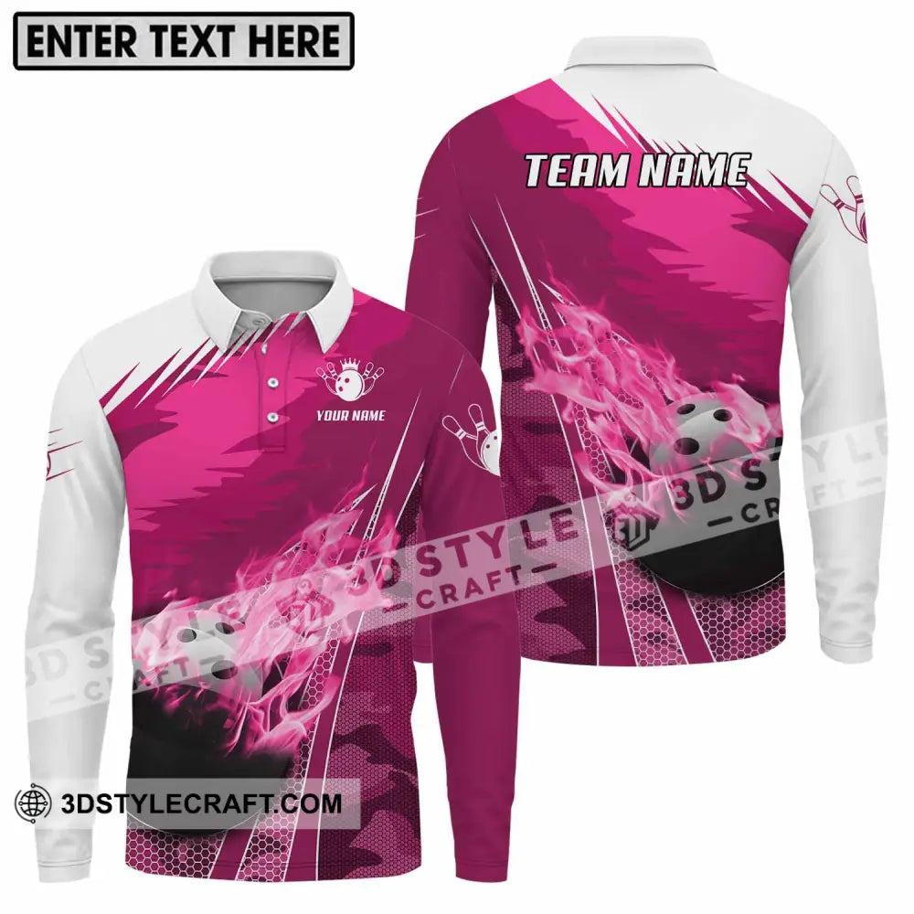 Unisex Shirt - Custom Name And Team White Pink Bowling Long Sleeve Polo / S T-Shirt