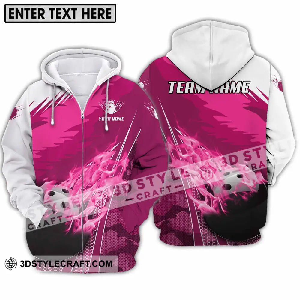 Unisex Shirt - Custom Name And Team White Pink Bowling Zipper Hoodie / S T-Shirt