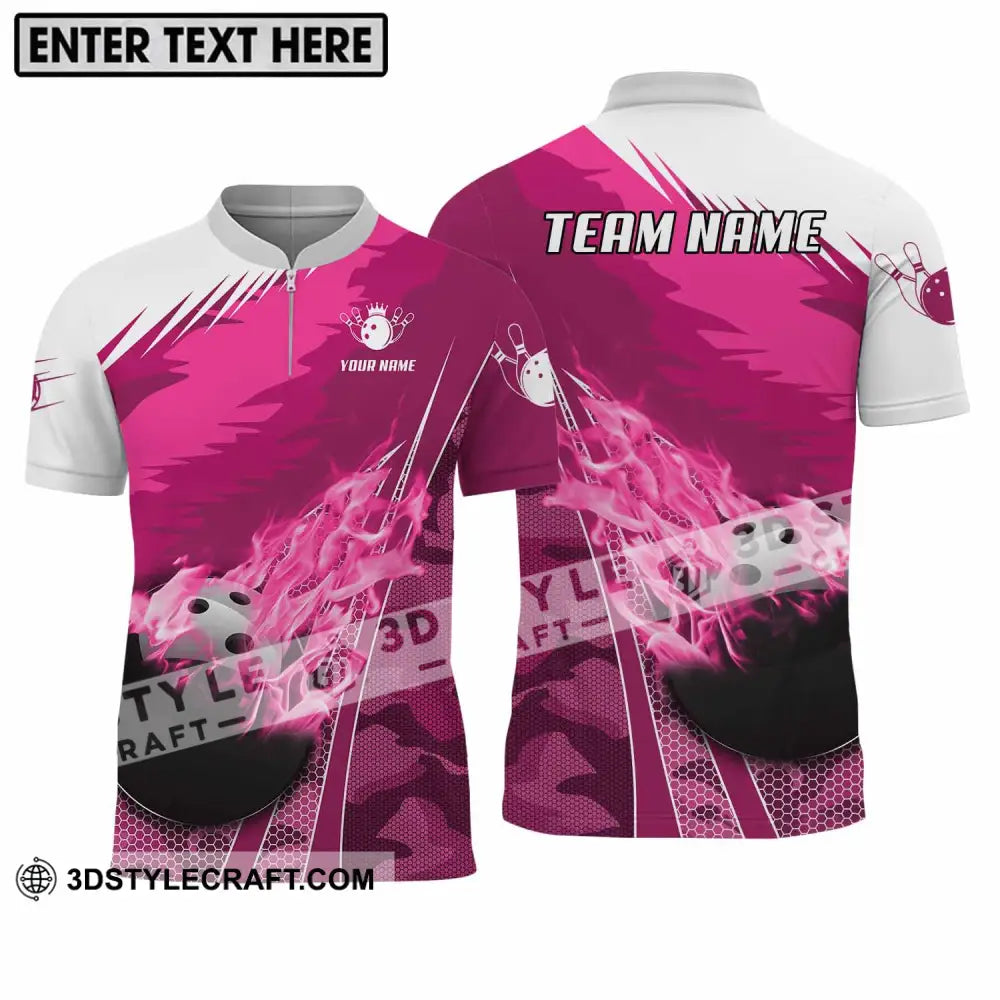 Unisex Shirt - Custom Name And Team White Pink Bowling Zipper Polo / S T-Shirt