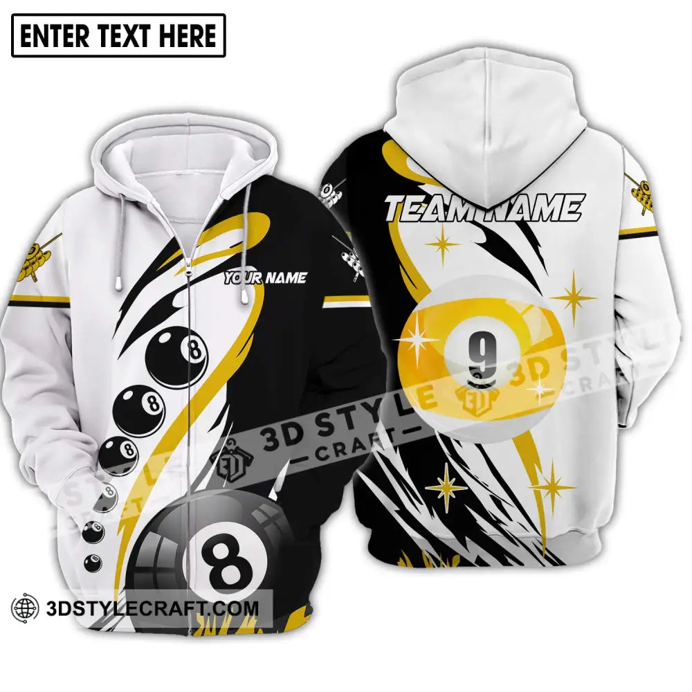 Unisex Shirt - Custom Name And Team Yellow Black White Billiard Zipper Hoodie / S T-Shirt