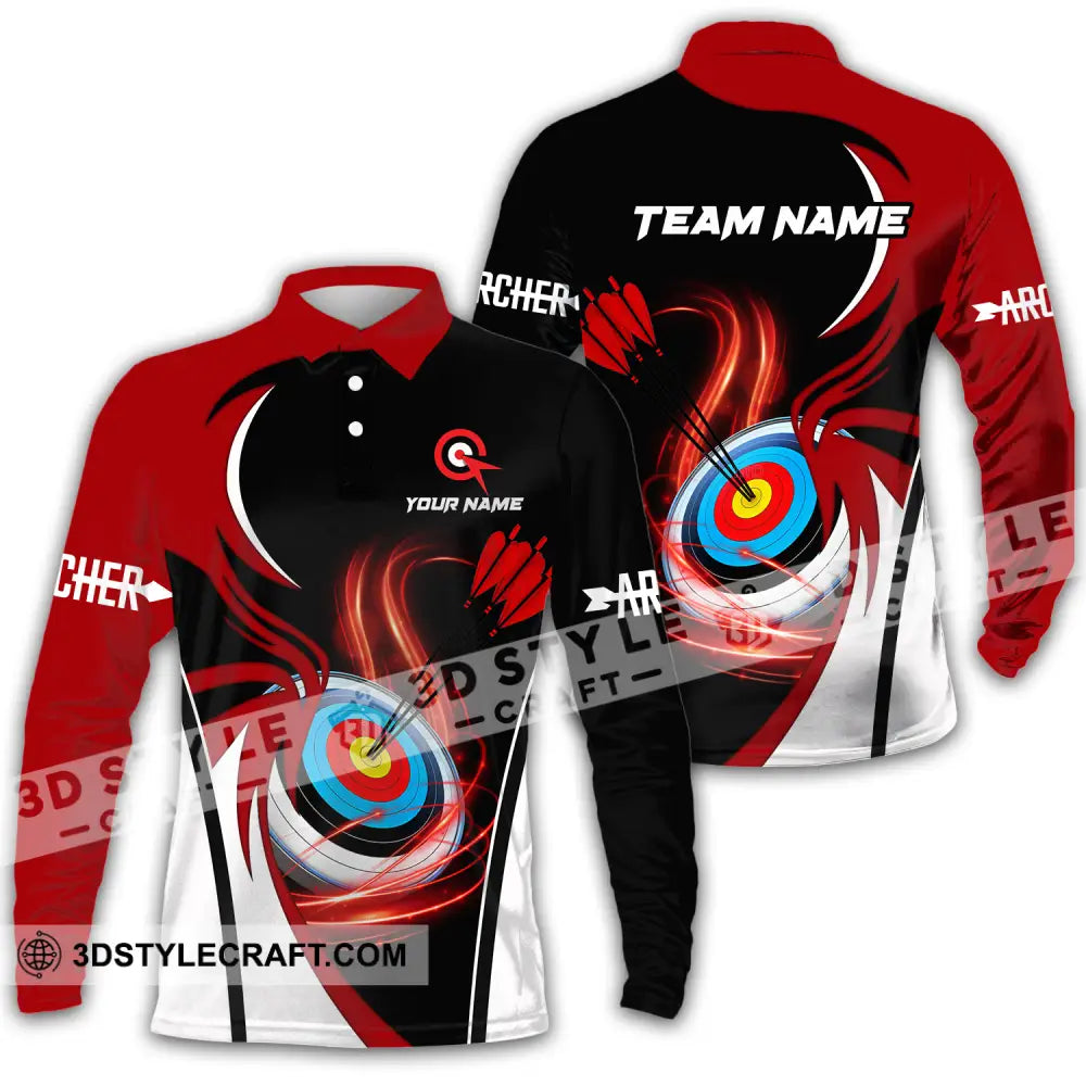 Unisex Shirt - Custom Name Archery Sport Red Wave Long Sleeve Polo / S T-Shirt