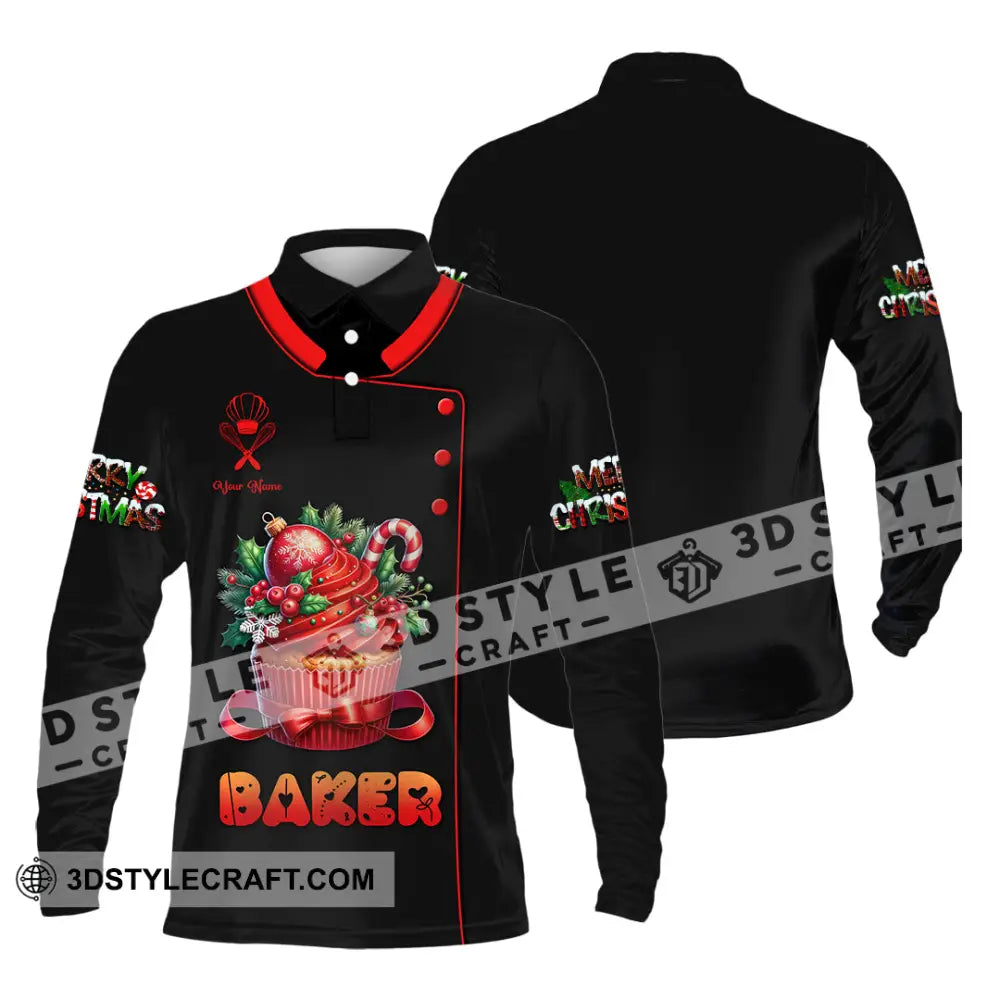 Unisex Shirt Custom Name Baker Christmas Bakery Shop T-Shirt Chef Polo Long Sleeve / S T-Shirt