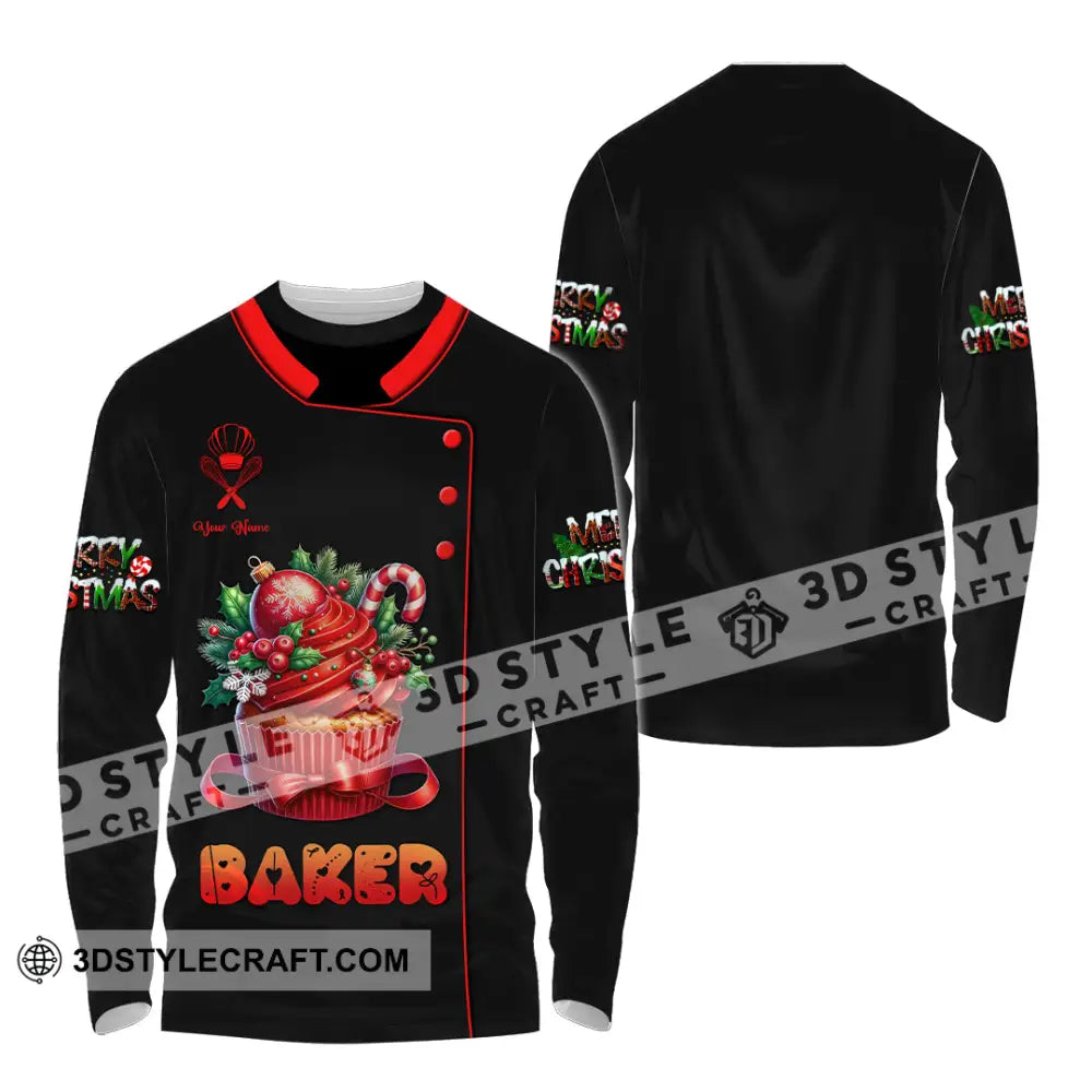 Unisex Shirt Custom Name Baker Christmas Bakery Shop T-Shirt Chef Polo Long Sleeve / S T-Shirt