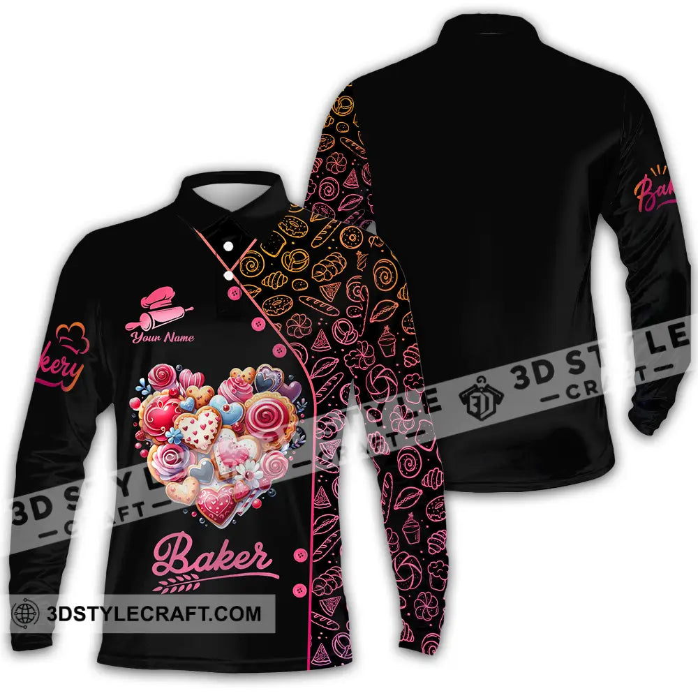 Unisex Shirt - Custom Name Baker Sweet Heart Long Sleeve Polo / S T-Shirt