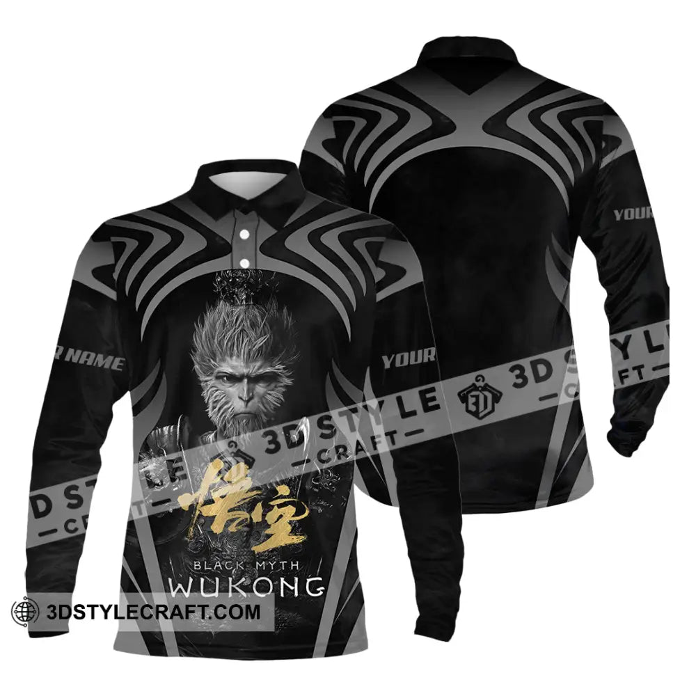 Unisex Shirt - Custom Name Black Myth Wukong Gold Text General Long Sleeve Polo / S T-Shirt