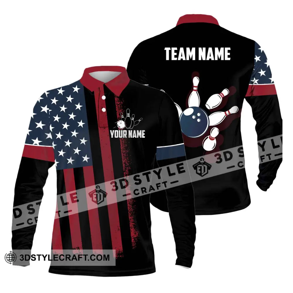 Unisex Shirt - Custom Name Bowling America Long Sleeve Polo / S T-Shirt