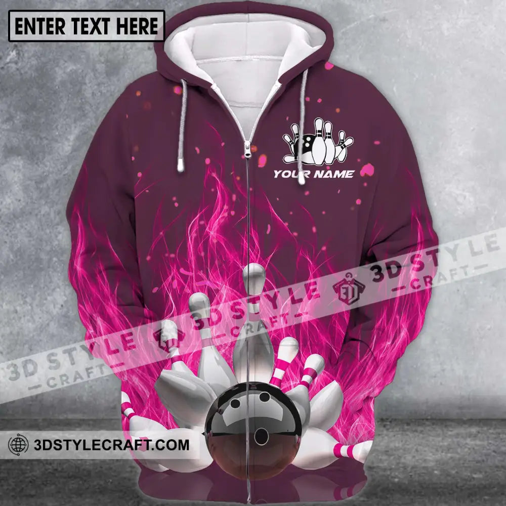 Unisex Shirt - Custom Name Bowling Ball Hot Pink Fire Zipper Hoodie / S T-Shirt