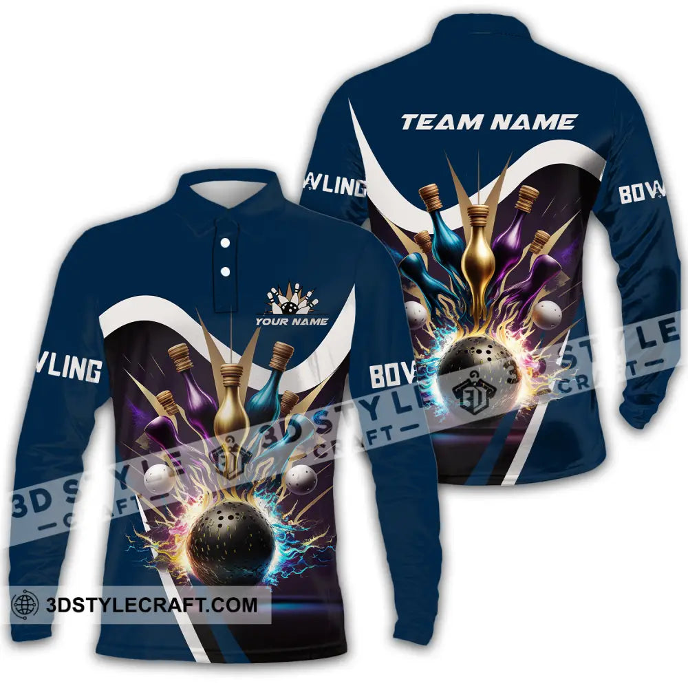 Unisex Shirt - Custom Name Bowling Dark Color Pins Long Sleeve Polo / S T-Shirt