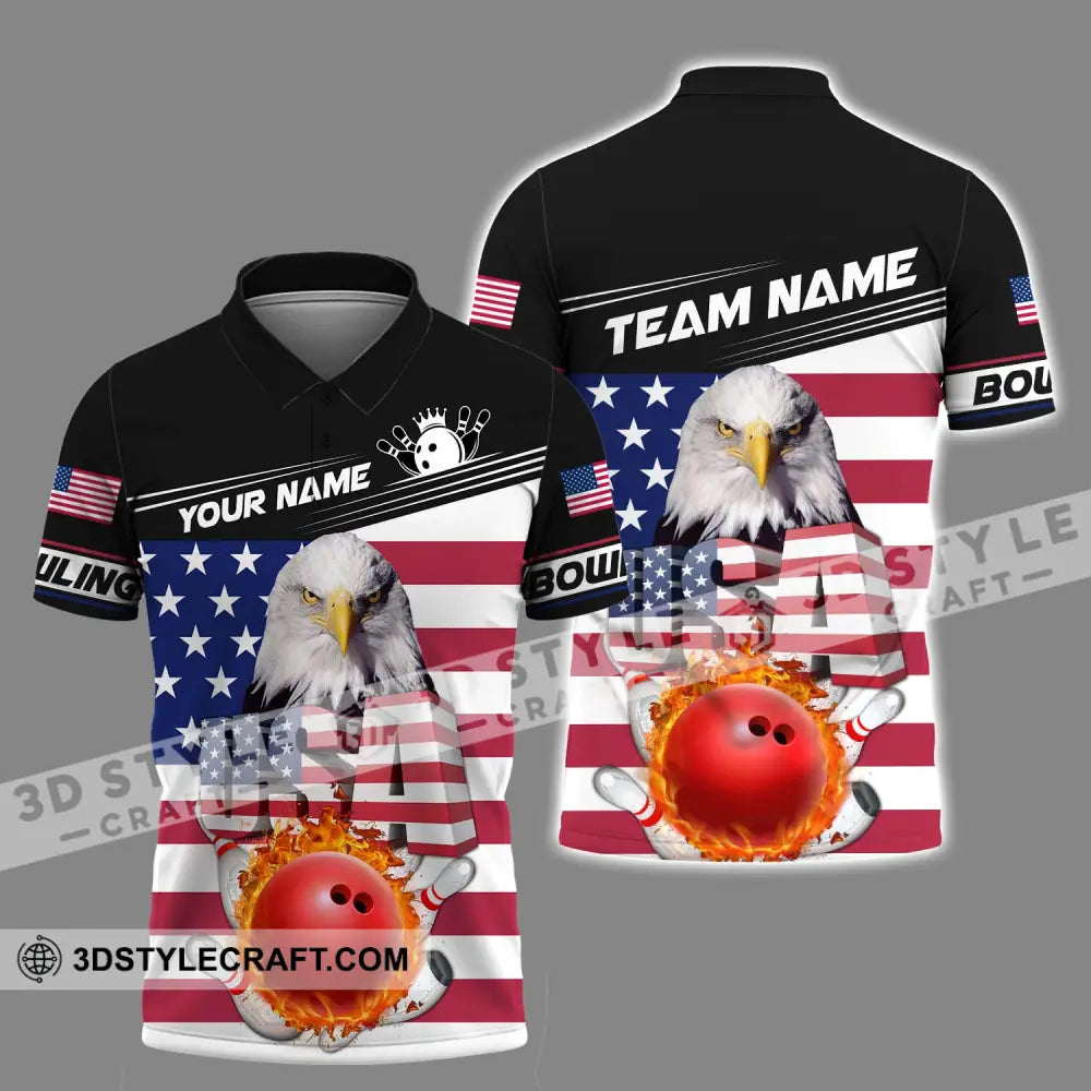 Unisex Shirt - Custom Name Bowling Lover America Flag Polo / S T-Shirt