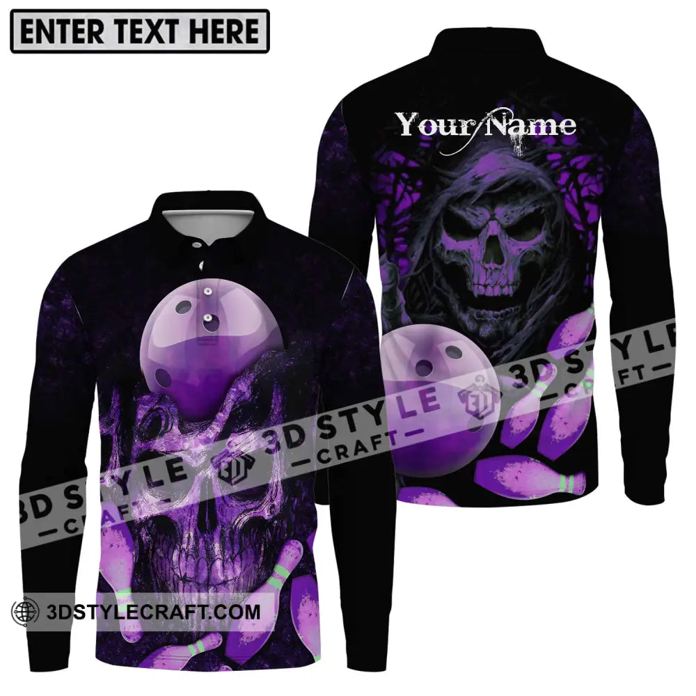 Unisex Shirt - Custom Name Bowling Purple Skull Long Sleeve Polo / S T-Shirt