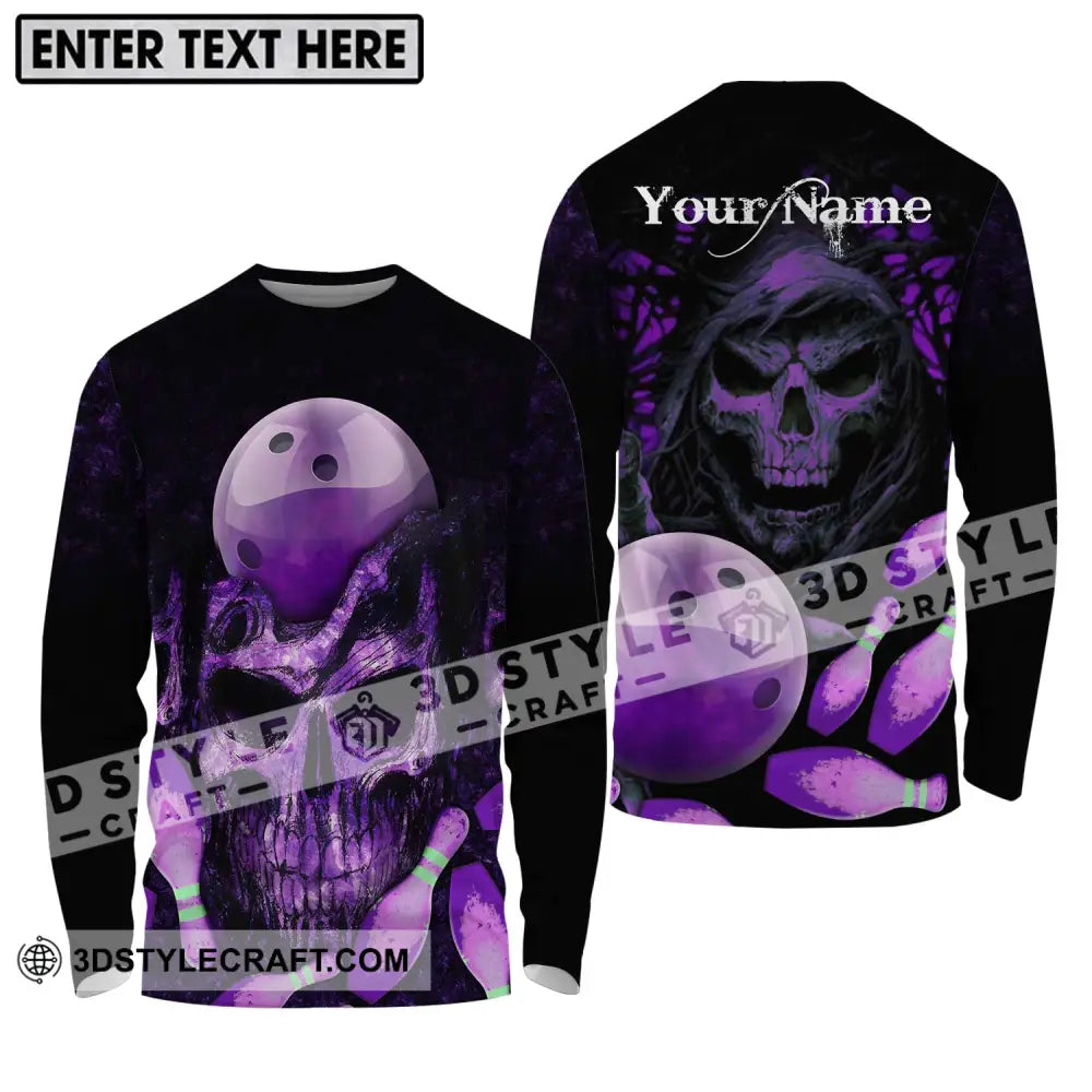 Unisex Shirt - Custom Name Bowling Purple Skull Long Sleeve / S T-Shirt