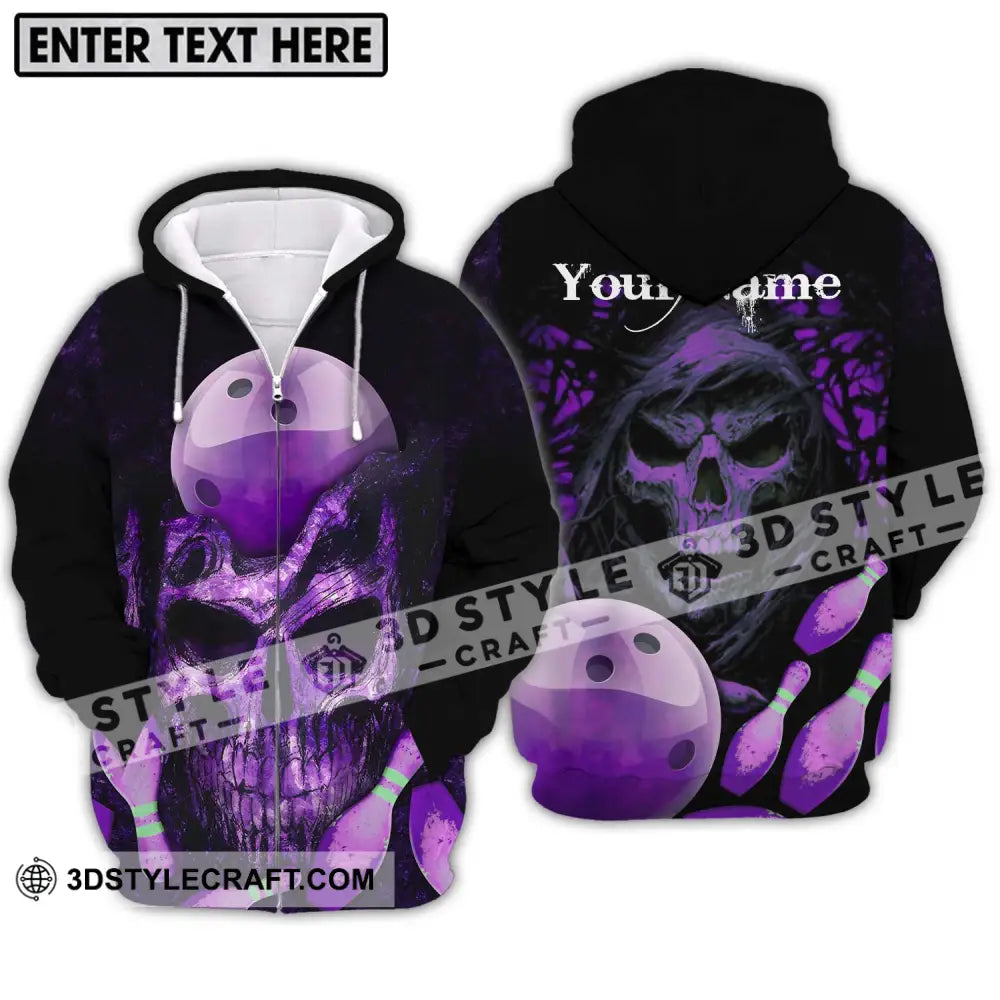 Unisex Shirt - Custom Name Bowling Purple Skull Zipper Hoodie / S T-Shirt