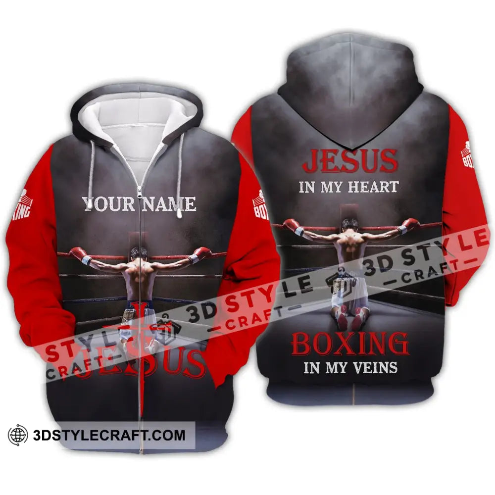 Unisex Shirt - Custom Name Boxing Gift For Lover Jeus In My Heart Veins Zipper Hoodie / S T-Shirt