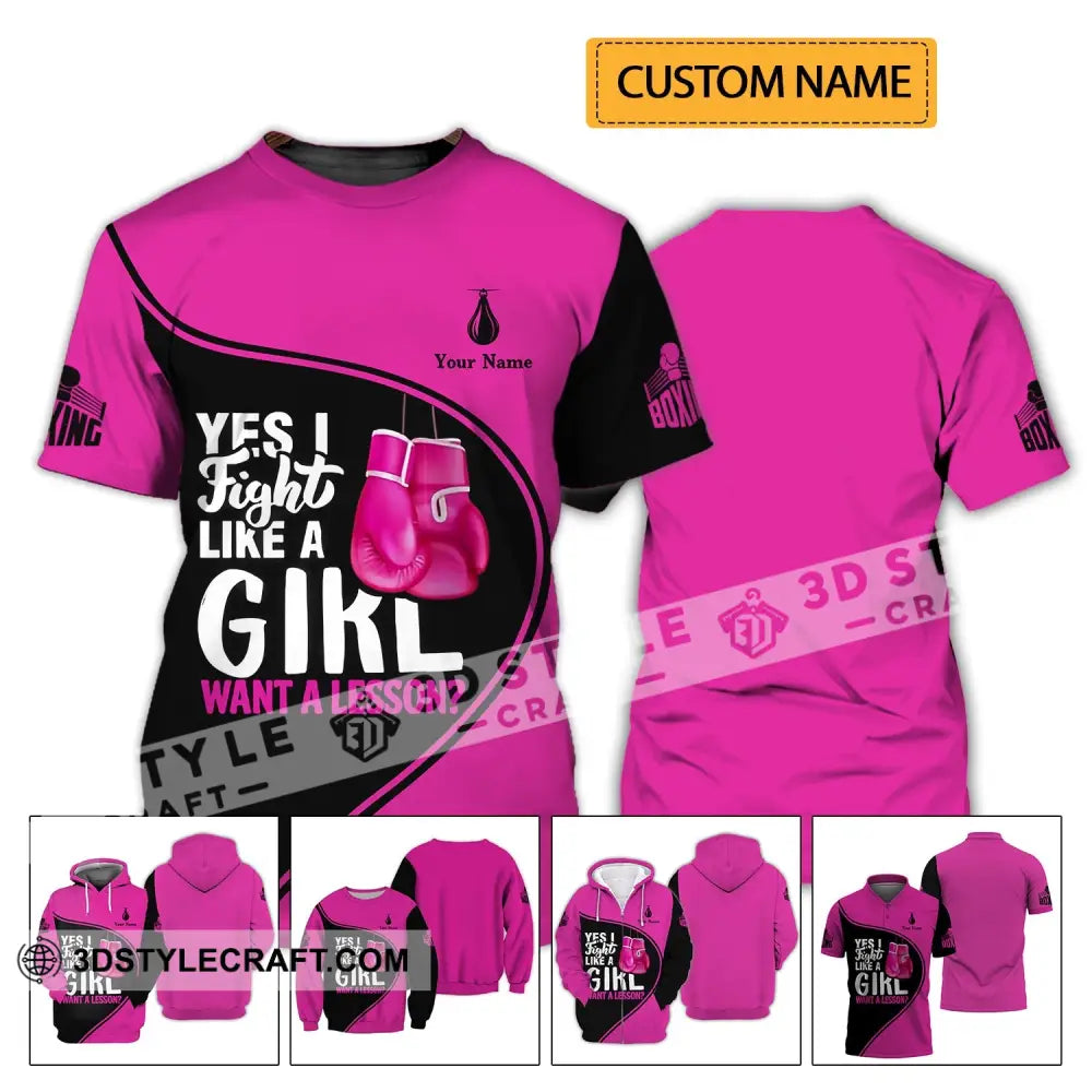 Unisex Shirt - Custom Name Boxing Gift For Player I Fight Like A Girl Want Lesson T-Shirt