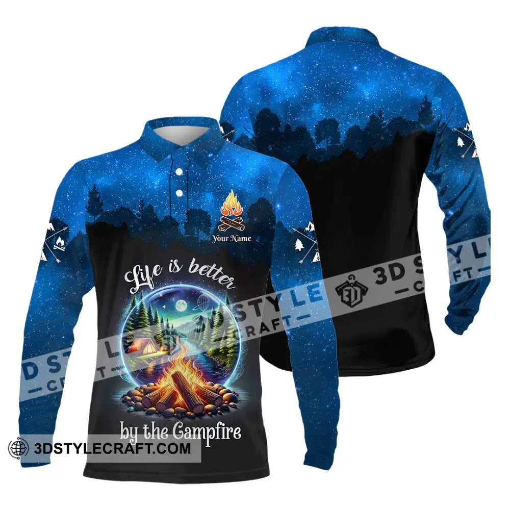 Unisex Shirt Custom Name Camping Polo Long Sleeve Campfire T-Shirt / S T-Shirt