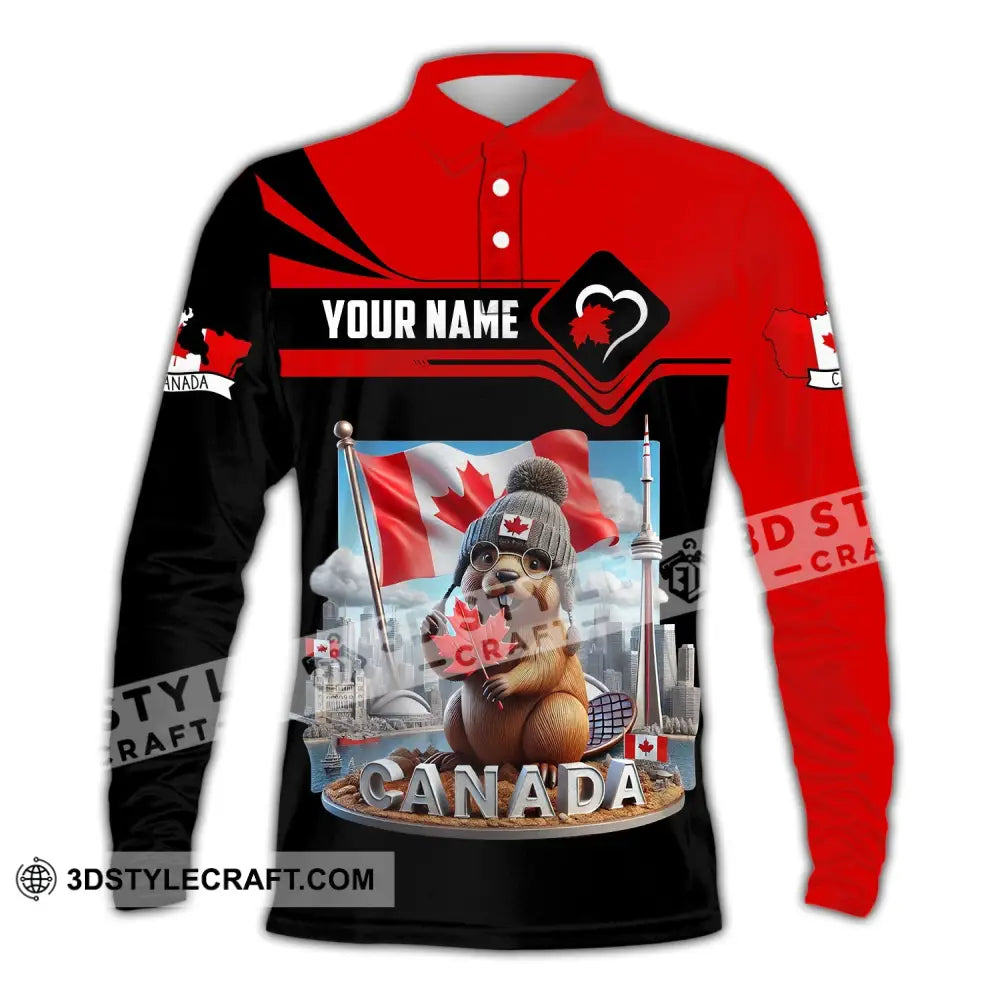 Unisex Shirt - Custom Name Canada Icons Long Sleeve Polo / S T-Shirt