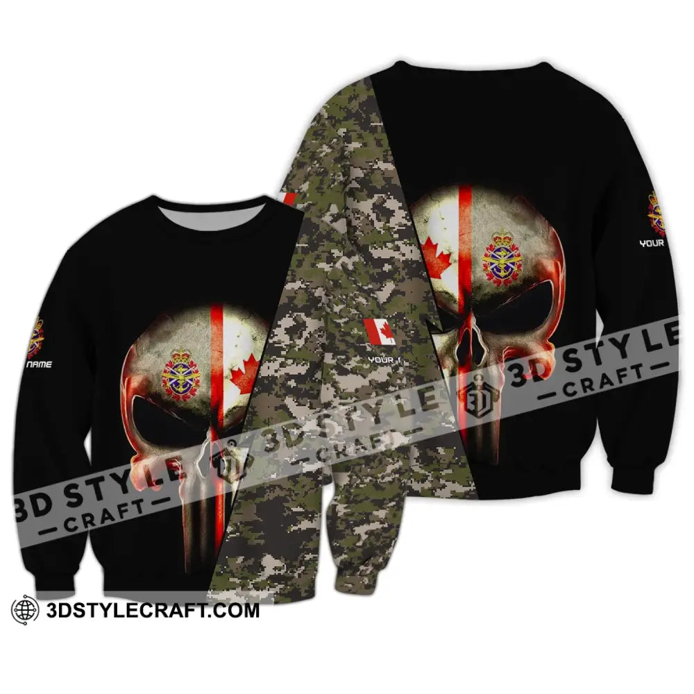 Unisex Shirt - Custom Name Canadian Skull With Camouflage Pattern Long Sleeve / S T-Shirt