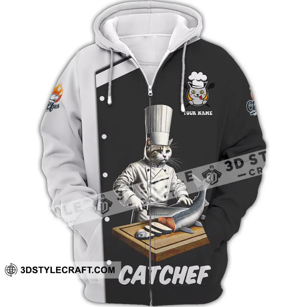 Unisex Shirt Custom Name Cat Chef Polo Long Sleeve Zipper Hoodie / S T-Shirt