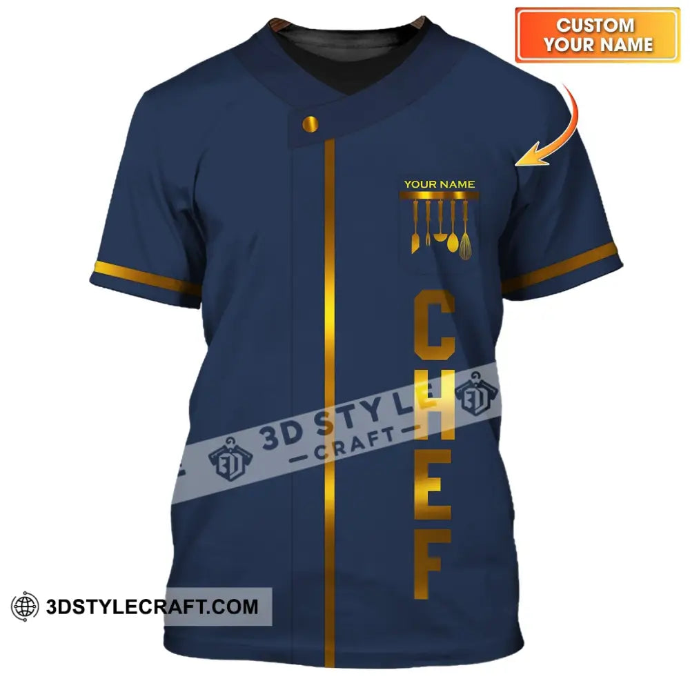 Unisex Shirt - Custom Name Chef Dark Blue And Gold Line T-Shirt