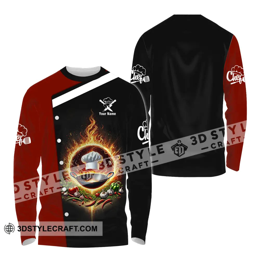 Unisex Shirt - Custom Name Chef Fire Pan Long Sleeve / S T-Shirt