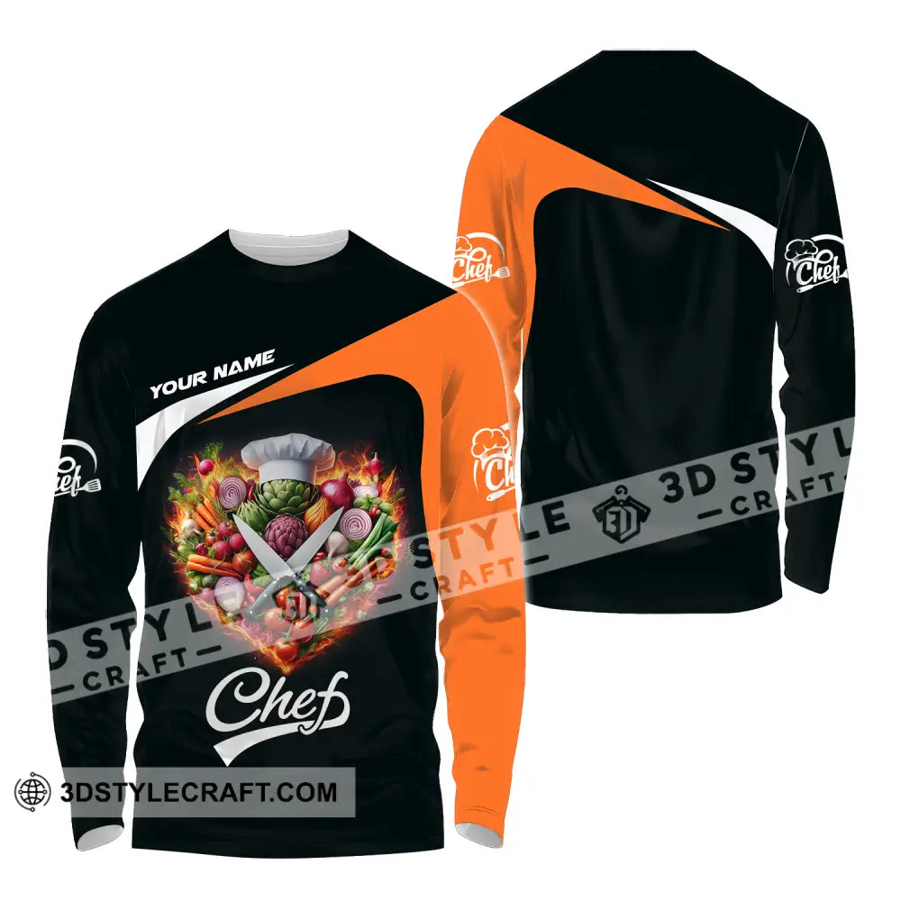 Unisex Shirt - Custom Name Chef Vegetables Black And Orange Long Sleeve / S T-Shirt