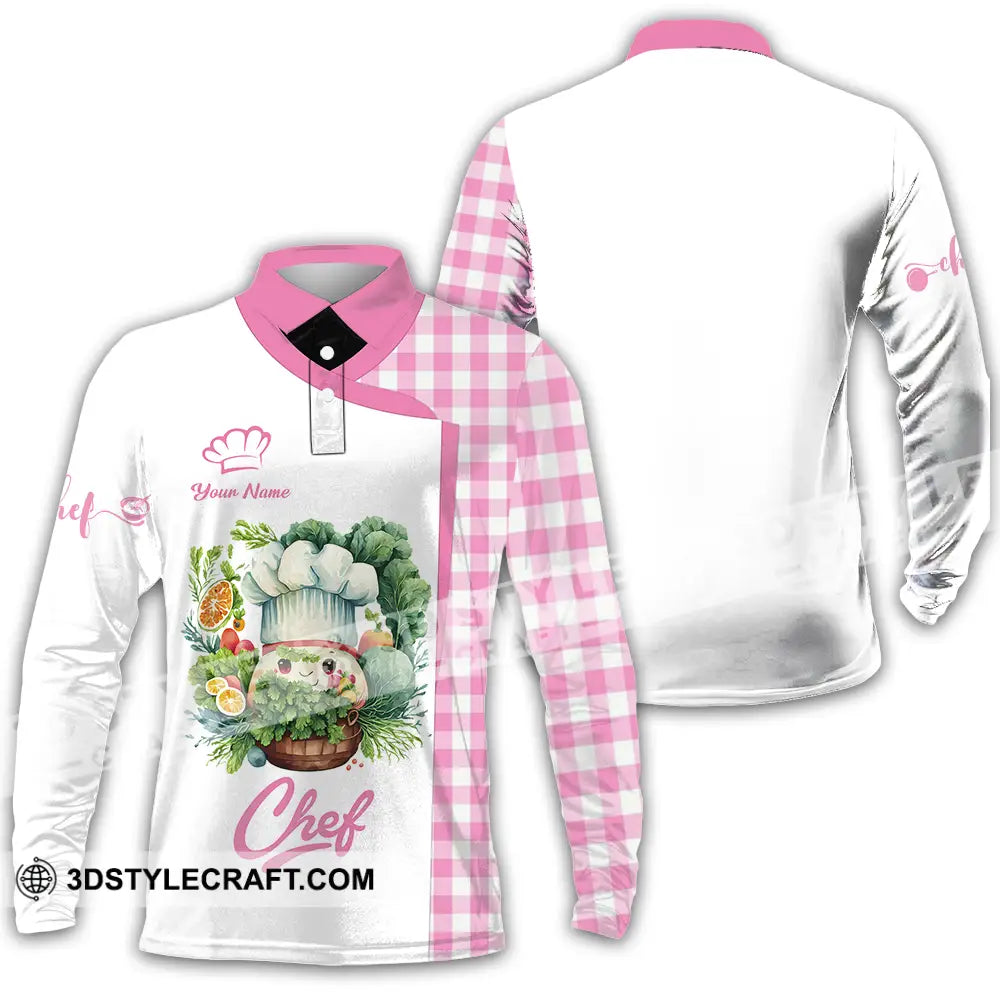 Unisex Shirt - Custom Name Cute Pink Chef Long Sleeve Polo / S T-Shirt