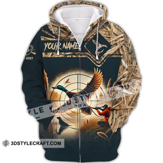 Unisex Shirt Custom Name Duck Hunter Hunting Polo Long Sleeve Animal T-Shirt Zipper Hoodie / S