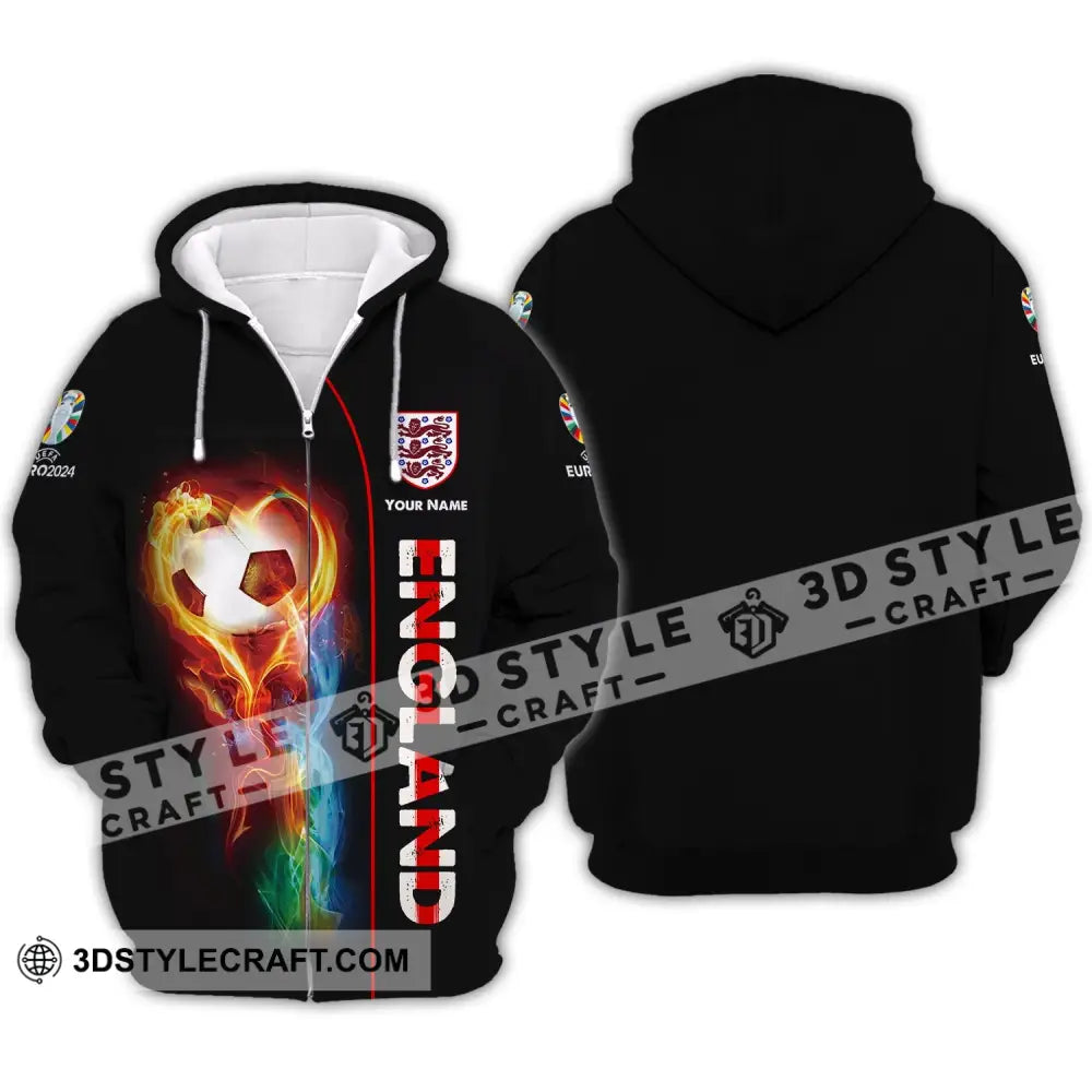 Unisex Shirt - Custom Name England Fire Ball Black Zipper Hoodie / S T-Shirt