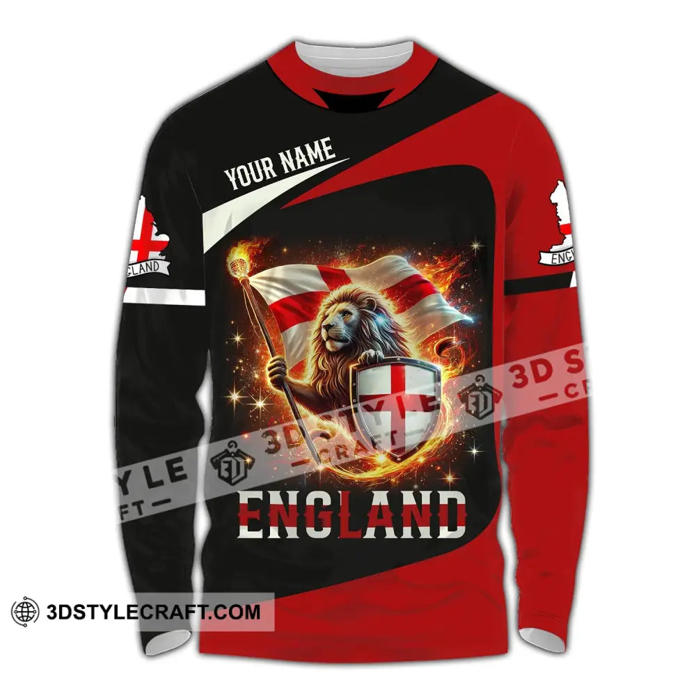 Unisex Shirt - Custom Name England Fire Lion Long Sleeve / S T-Shirt