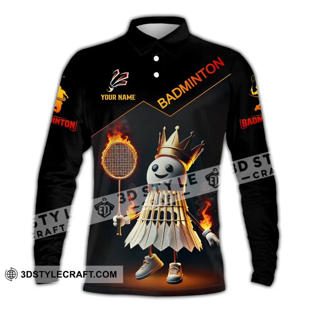 Unisex Shirt - Custom Name Fire Badminton Long Sleeve Polo / S T-Shirt