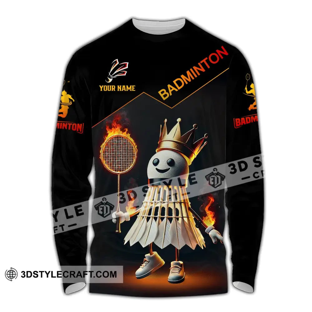 Unisex Shirt - Custom Name Fire Badminton Long Sleeve / S T-Shirt