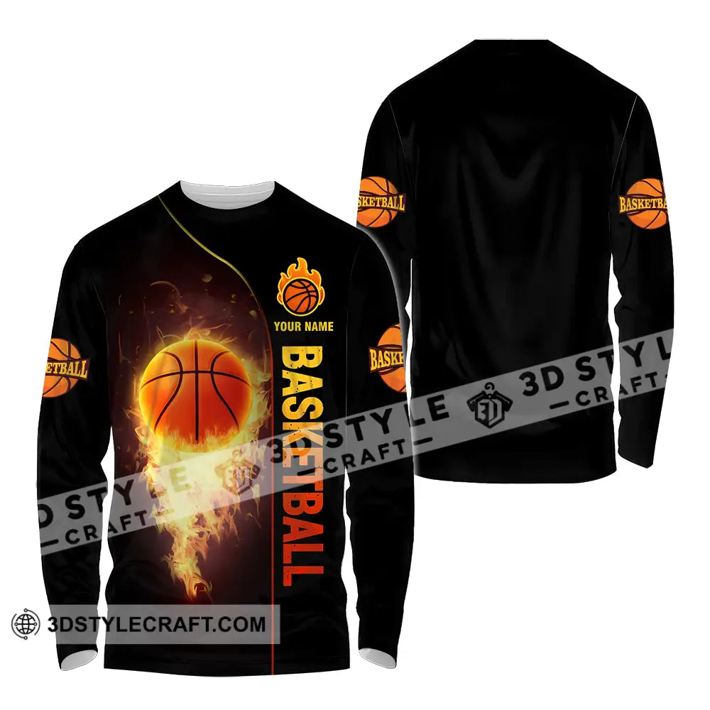 Unisex Shirt - Custom Name Fire Basketball Ball Long Sleeve / S T-Shirt