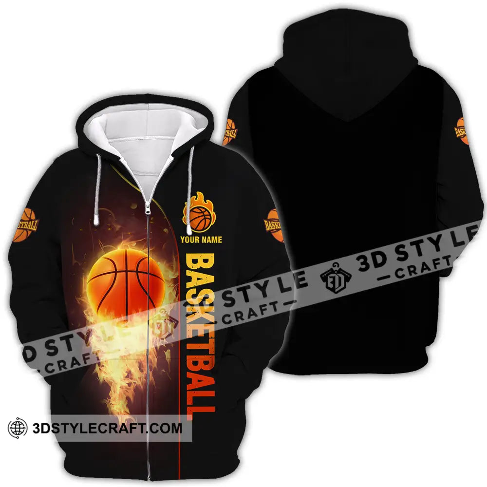 Unisex Shirt - Custom Name Fire Basketball Ball Zipper Hoodie / S T-Shirt