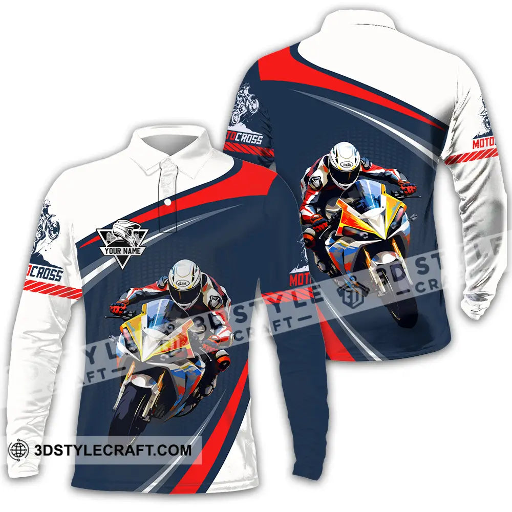 Unisex Shirt - Custom Name Fire Motobike For Player Motocross Long Sleeve Polo / S T-Shirt