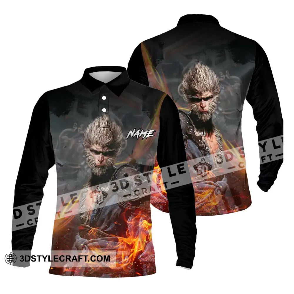 Unisex Shirt - Custom Name Fire Wukong Long Sleeve Polo / S T-Shirt