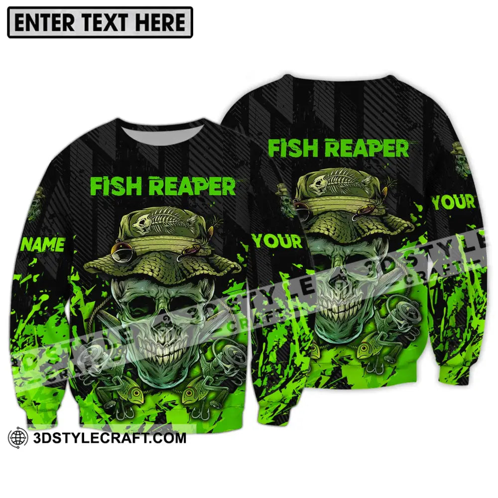 Unisex Shirt - Custom Name Fisher Fish Reaper Green Skull Long Sleeve / S T-Shirt