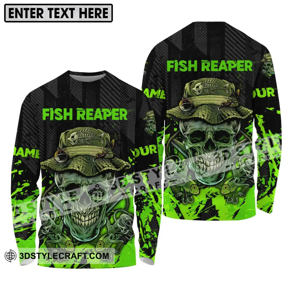 Unisex Shirt - Custom Name Fisher Fish Reaper Green Skull Long Sleeve / S T-Shirt