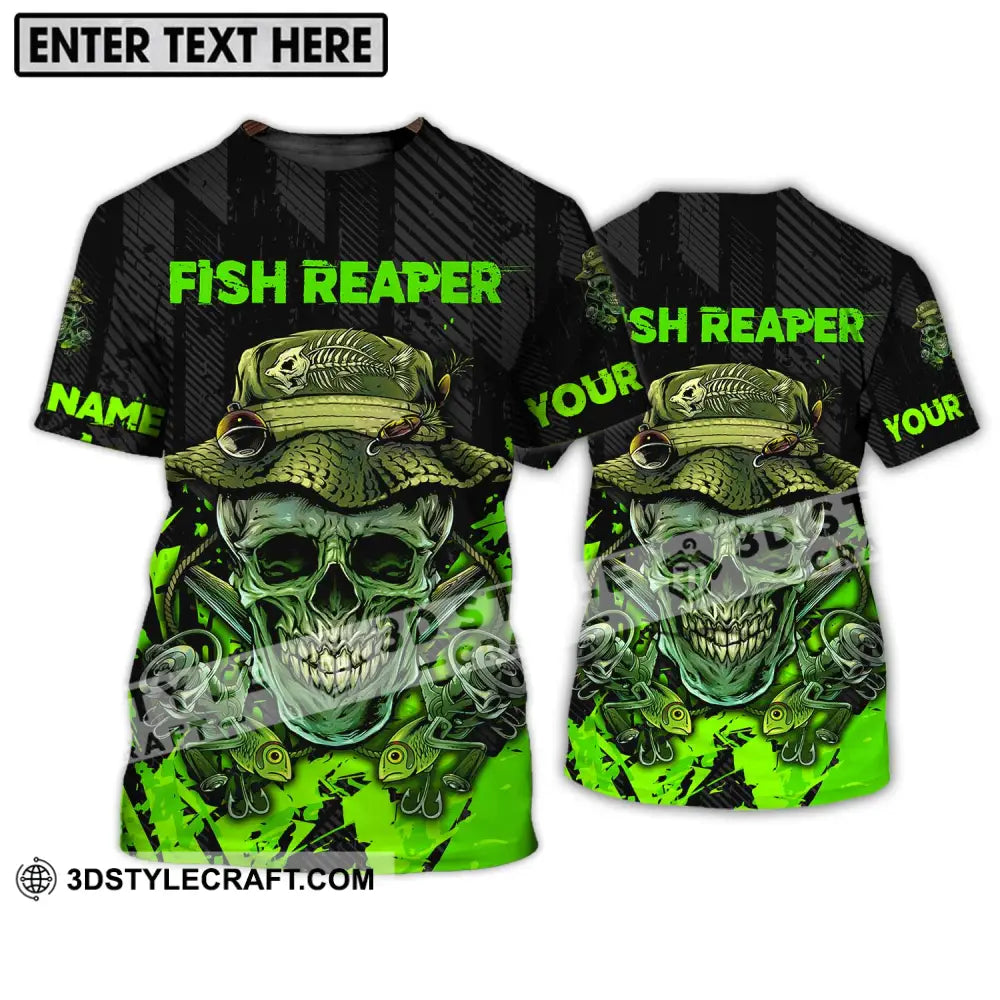 Unisex Shirt - Custom Name Fisher Fish Reaper Green Skull T-Shirt / S T-Shirt