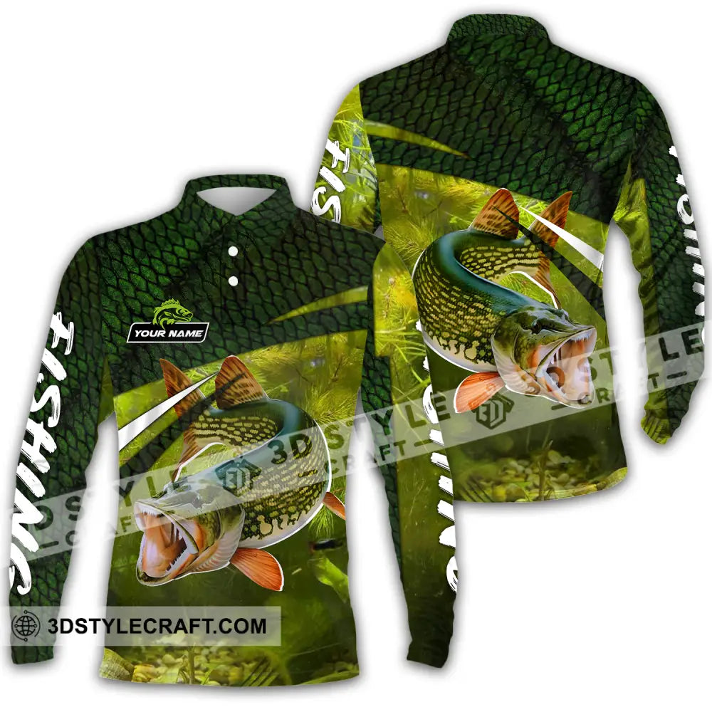 Unisex Shirt - Custom Name Fishing Green Long Sleeve Polo / S T-Shirt