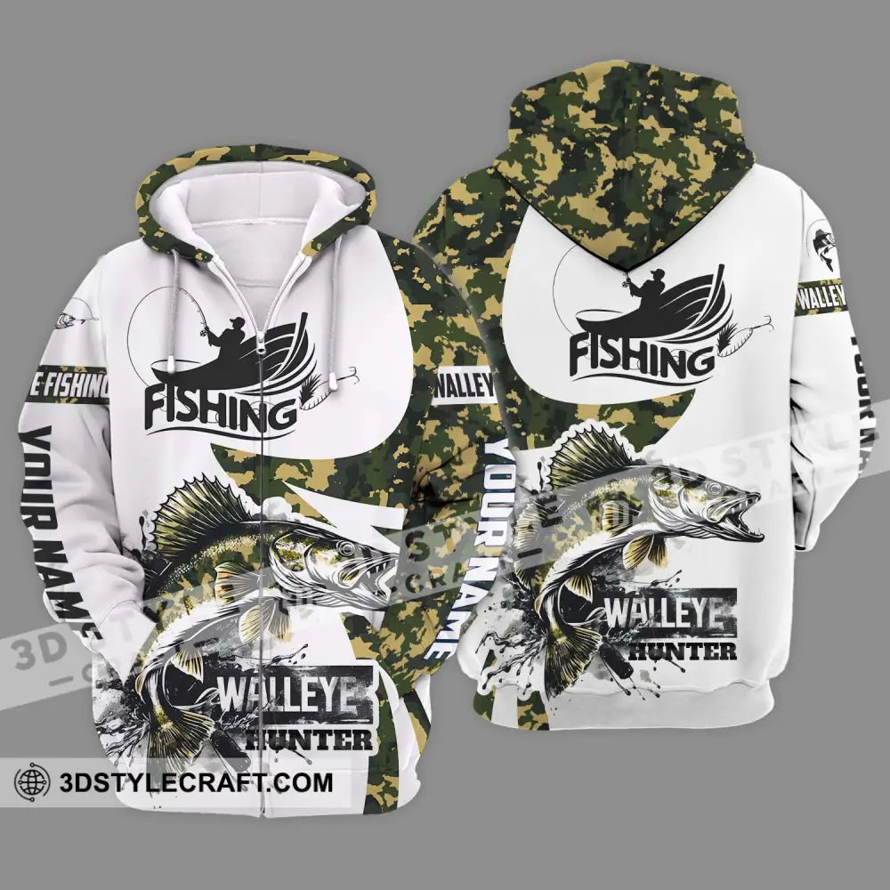 Unisex Shirt - Custom Name Fishing Walleye Fish Hunter Zipper Hoodie / S T-Shirt