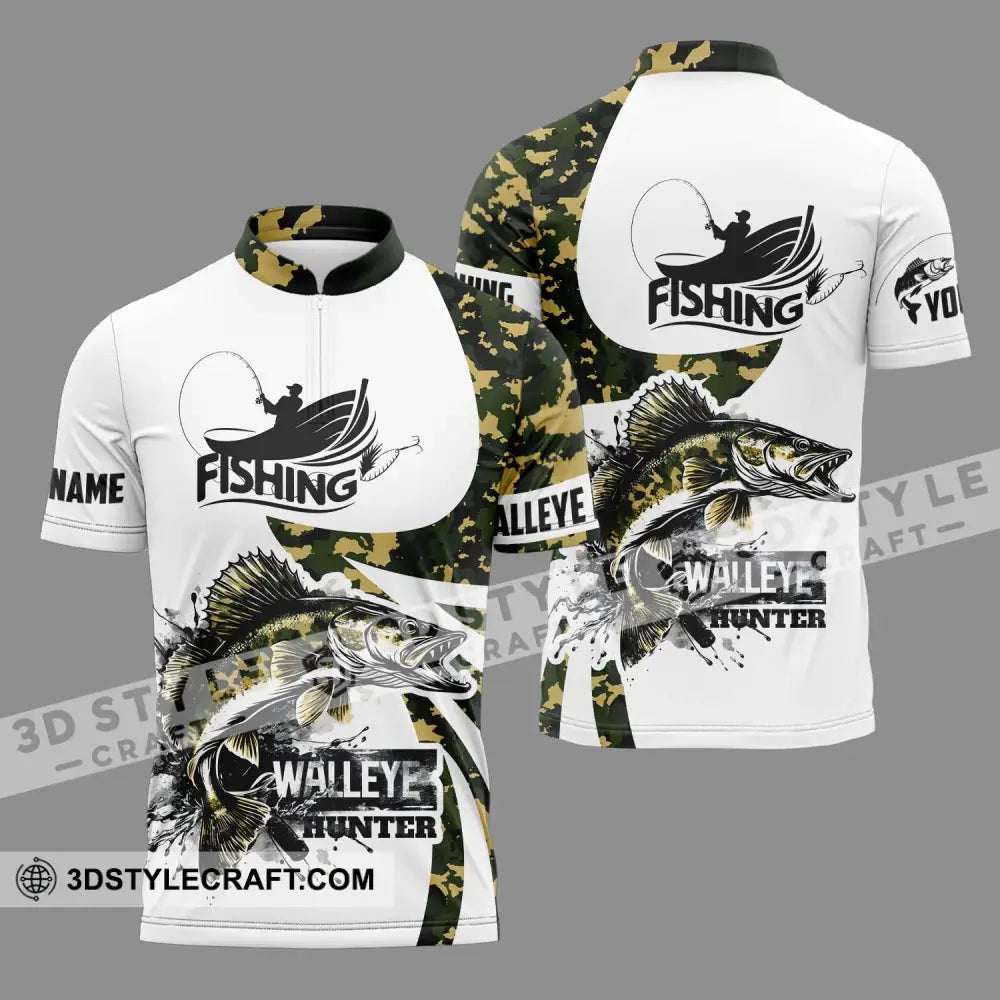 Unisex Shirt - Custom Name Fishing Walleye Fish Hunter Zipper Polo / S T-Shirt