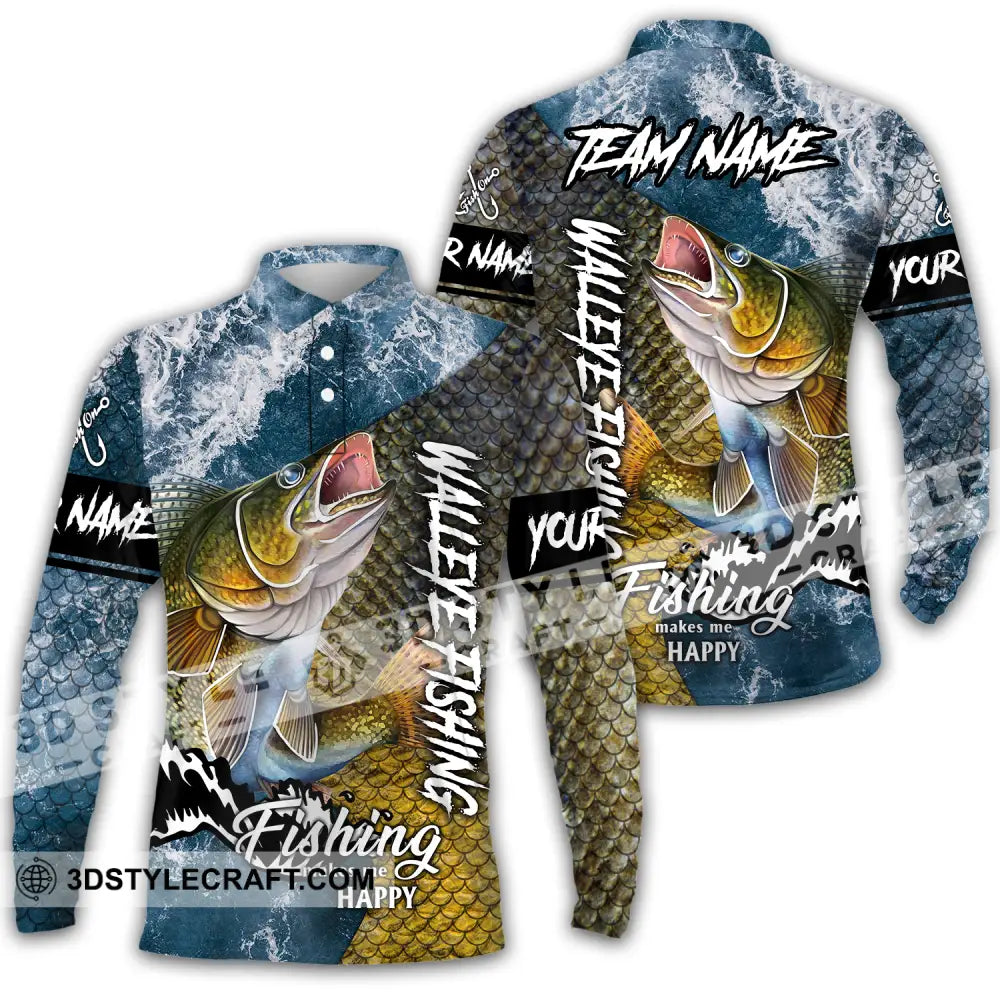 Unisex Shirt - Custom Name Fishing Walleye Fish Long Sleeve Polo / S T-Shirt