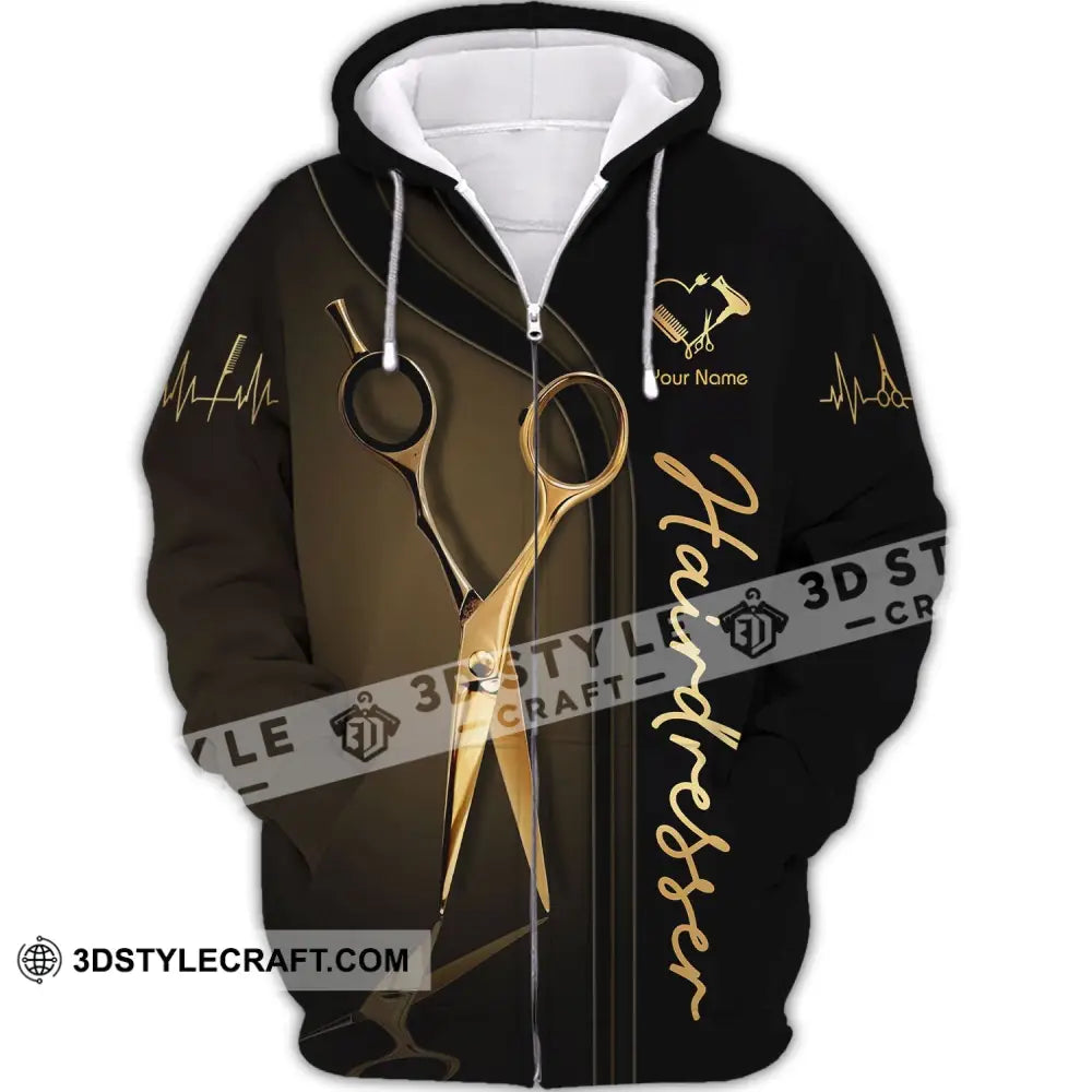 Unisex Shirt - Custom Name Gift For Hairdresser Lover Gold Scissor Zipper Hoodie / S T-Shirt