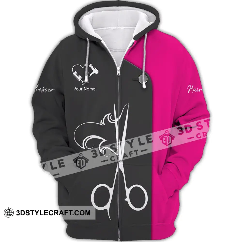 Unisex Shirt - Custom Name Gift For Hairdresser Lover Heart Black And Pink Zipper Hoodie / S T-Shirt