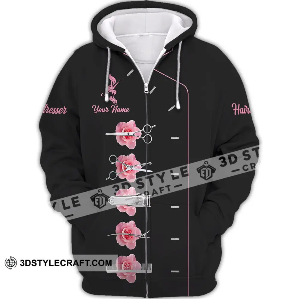 Unisex Shirt - Custom Name Gift For Hairdresser Lover Pink Rose Zipper Hoodie / S T-Shirt